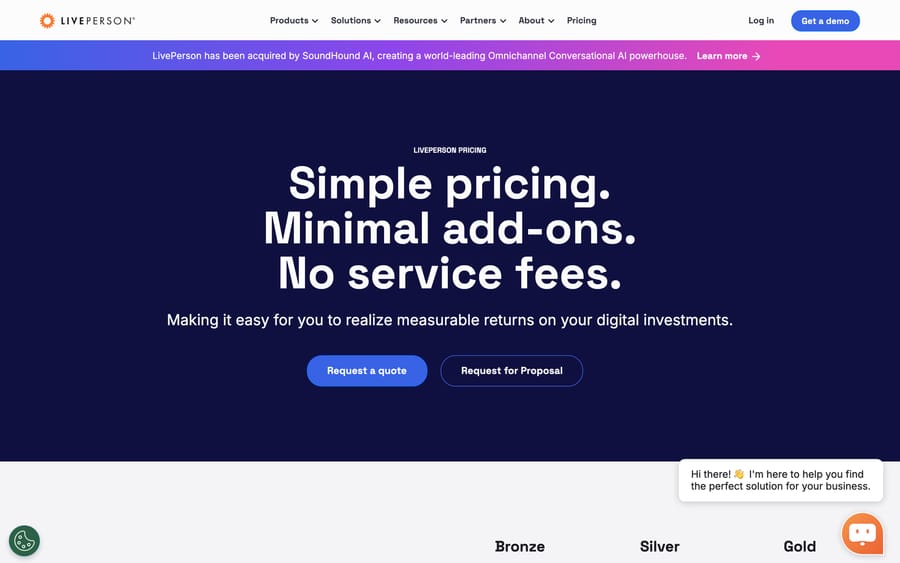 LivePerson's pricing page, headlined "Simple pricing, minimal add-ons, no service fees."