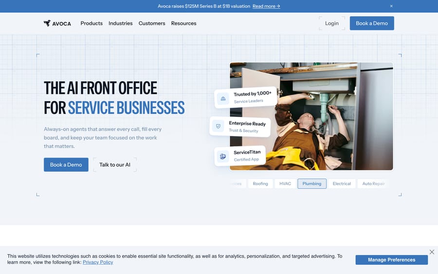 Avoca's homepage: "The AI Front Office for Service Businesses," shown against a plumbing photo.