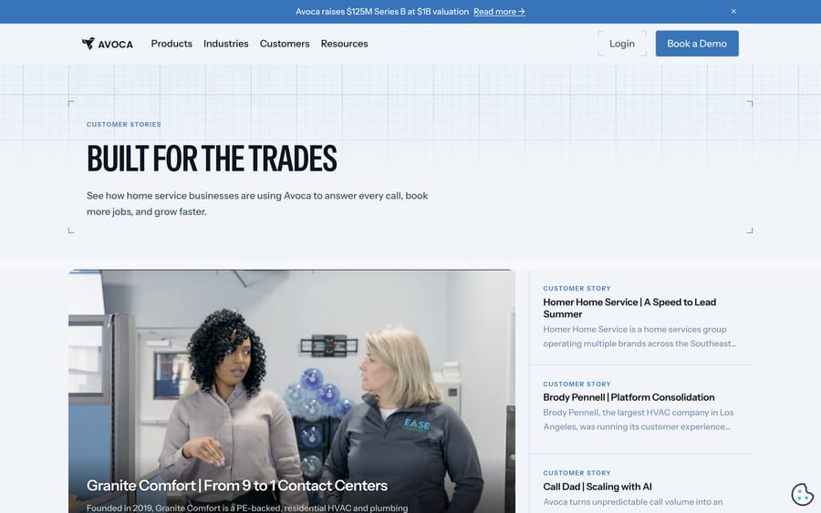 Avoca's customer stories page, "Built for the trades," featuring the Granite Comfort case study.