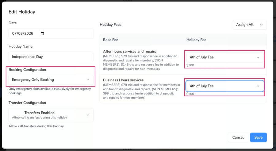 Avoca's holiday-fee screen: an Independence Day holiday set to Emergency Only Booking with a fee.