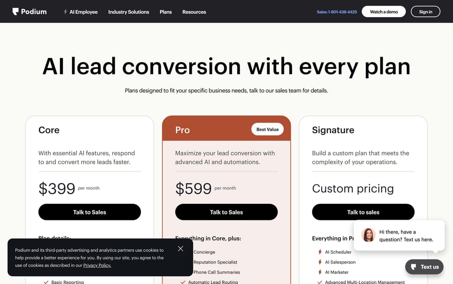 An earlier capture of Podium's pricing page — Core at $399/month and Pro at $599/month.