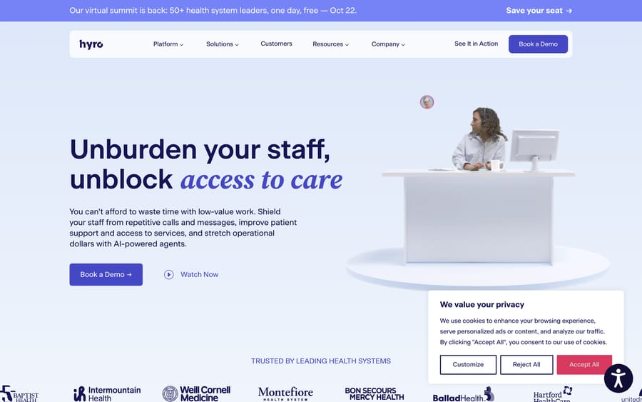 Hyro's homepage: "Unburden your staff, unblock access to care," with health-system logos.