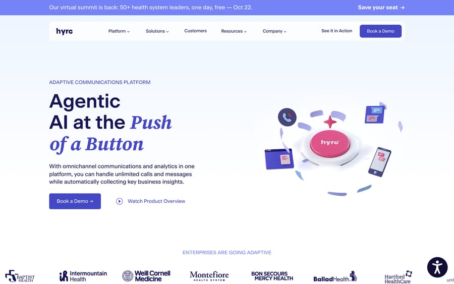 Hyro's platform page: "Agentic AI at the Push of a Button," for calls and messages.