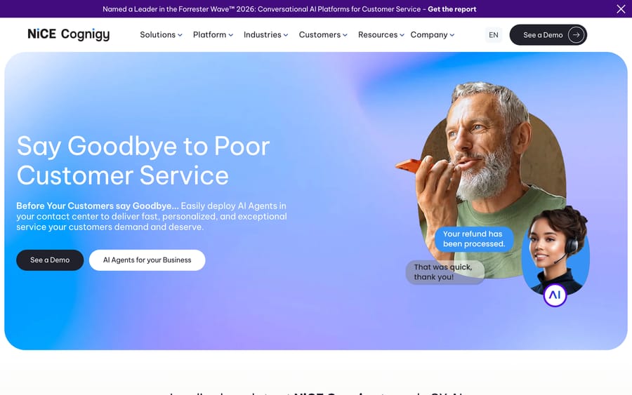 NiCE Cognigy's homepage: "Say Goodbye to Poor Customer Service," an AI agent platform.