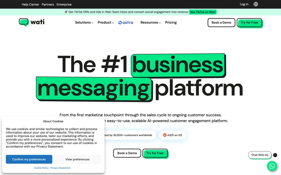 Wati's homepage promoting its AI-powered customer engagement platform for WhatsApp and messaging.
