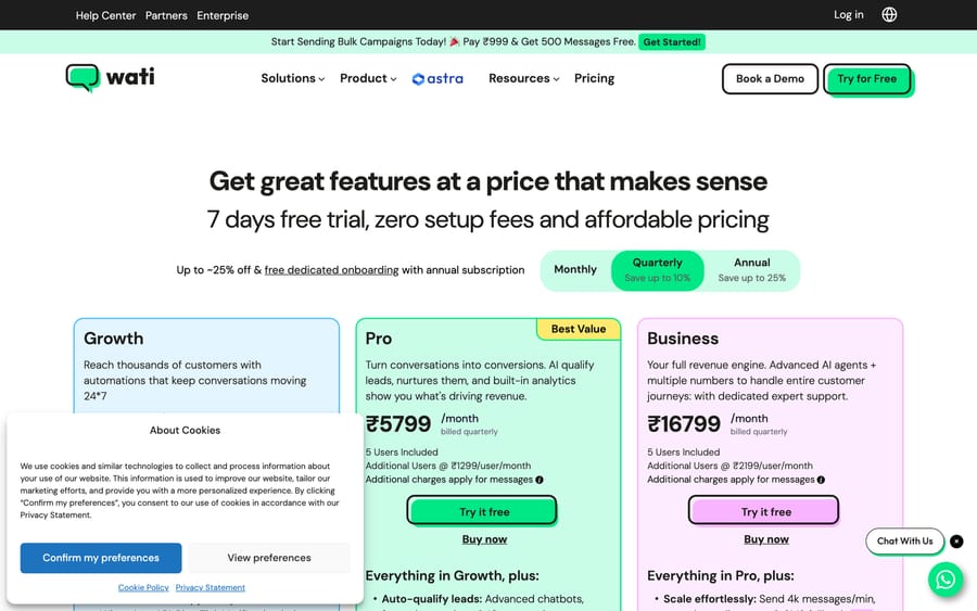 Wati's pricing page showing Growth, Pro, and Business plan cards with a 7-day free trial.