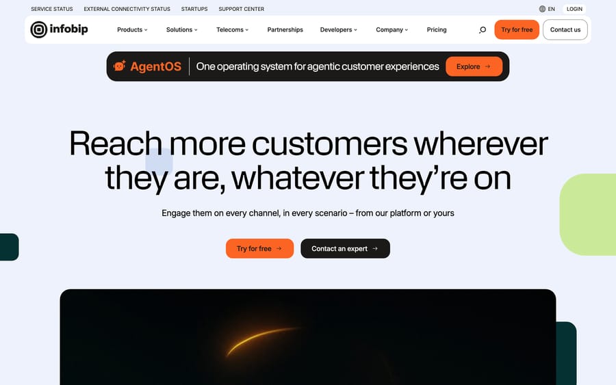 Infobip's homepage: "Reach more customers wherever they are, whatever they're on," with an AgentOS banner across the top nav.