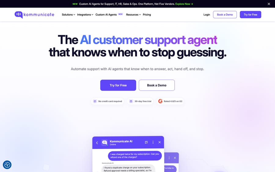Kommunicate's homepage, a comparable conversational AI platform with a self-serve pricing model.