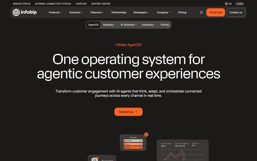 Infobip AgentOS: "One operating system for agentic customer experiences," with CSAT dashboards.