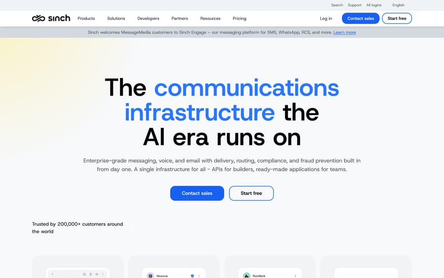 Sinch's homepage: "The communications infrastructure the AI era runs on," a direct CPaaS competitor to Infobip.