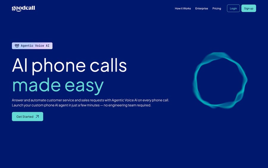 Goodcall's homepage: "AI phone calls made easy," pitching Agentic Voice AI with no engineering team required.