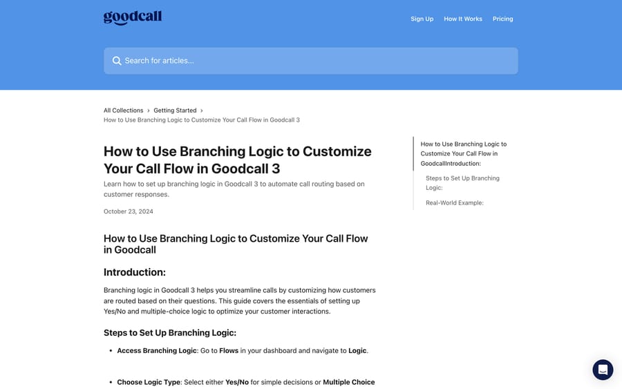 Goodcall's own help-center article explaining how to build branching logic inside a call flow.