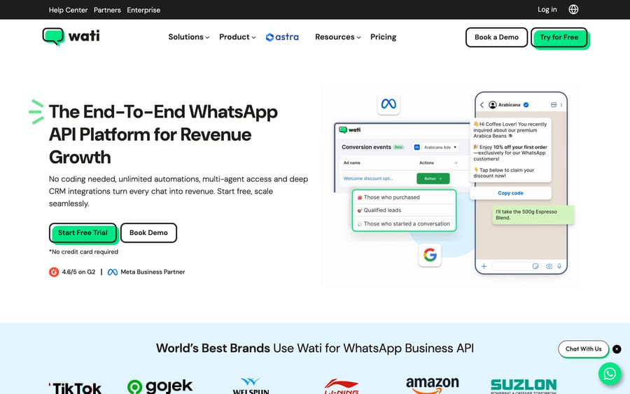 Wati's WhatsApp Business API product page showing a live chat mockup with automated upsell and conversion-tracking UI.