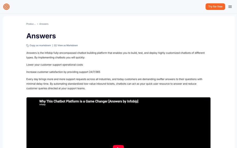 Infobip's Answers documentation: building rule-based, intent-based and generative AI bots.