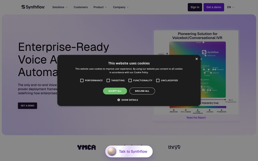 Synthflow's homepage, positioning itself against Retell AI, PolyAI, and other voice AI vendors on a market map.