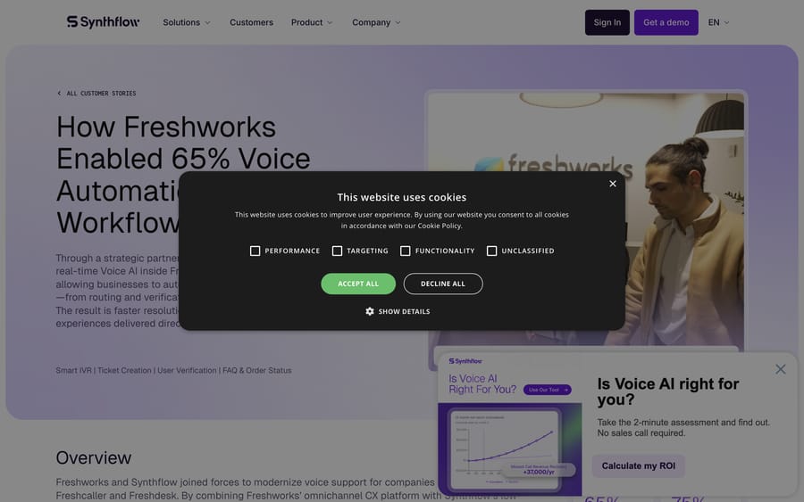 Synthflow's Freshworks case study, headlined "How Freshworks Enabled 65% Voice Automation Workflows."