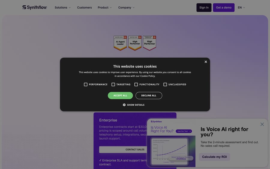 Synthflow's pricing page, showing Enterprise contracts starting at $30,000 and scoped by call volume.