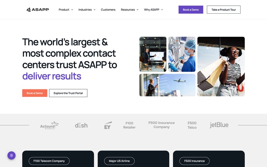 ASAPP's customer results page, with logos for Astound Broadband, Dish, EY, and JetBlue.