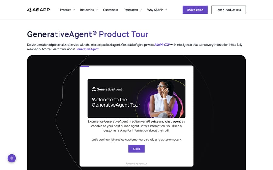 ASAPP's GenerativeAgent page, showing headline stats on agents needed and resolution rate.