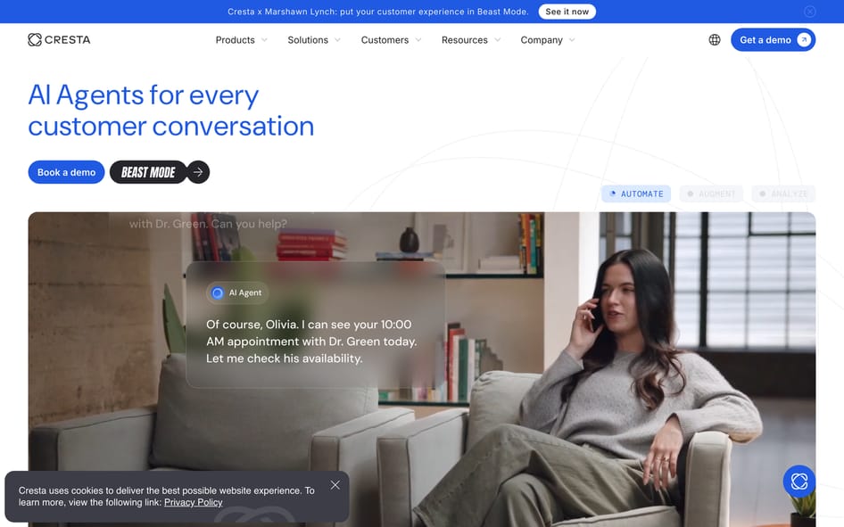 Cresta's homepage, showing an AI agent handling a live phone call for appointment booking.