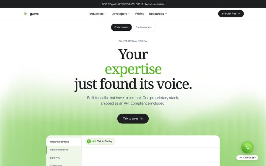 Guava's homepage: "Your expertise just found its voice," a conversational voice AI platform.