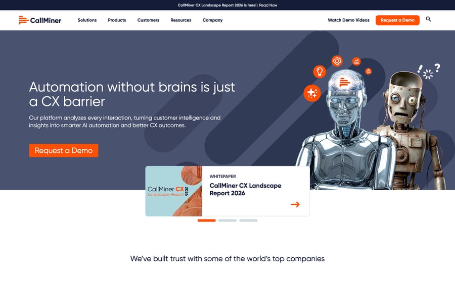 CallMiner's homepage: "Automation without brains is just a CX barrier," pitching AI-powered conversation intelligence.
