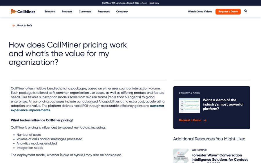 CallMiner's pricing FAQ: bundles by user count or interaction volume, from 60+ agents upwards.