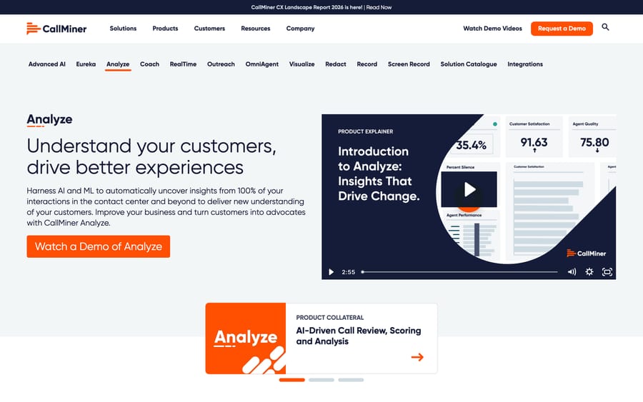 CallMiner Analyze: a dashboard with customer satisfaction at 91.63 and agent quality at 75.80.