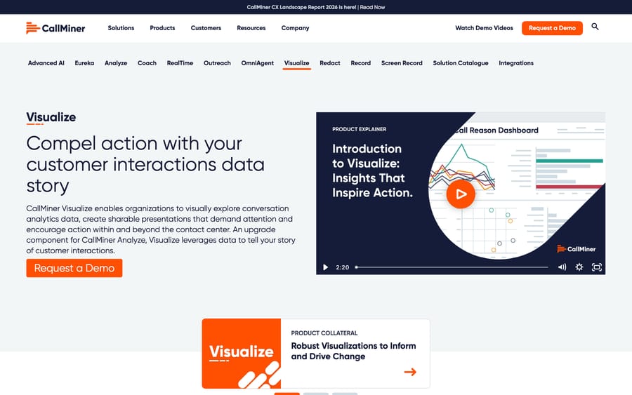 CallMiner's Visualize product page: a Call Reason Dashboard with trend lines and a scored breakdown by call driver.