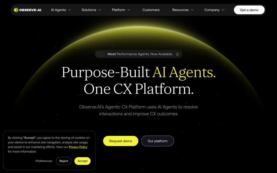 Observe.AI's homepage: "Purpose-Built AI Agents. One CX Platform," its own agentic conversation-intelligence pitch.