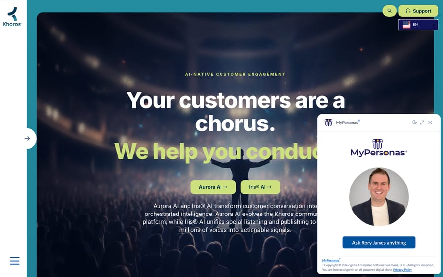 Khoros's homepage: "Your customers are a chorus. We help you conduct it," with Aurora AI and Iris AI product links.