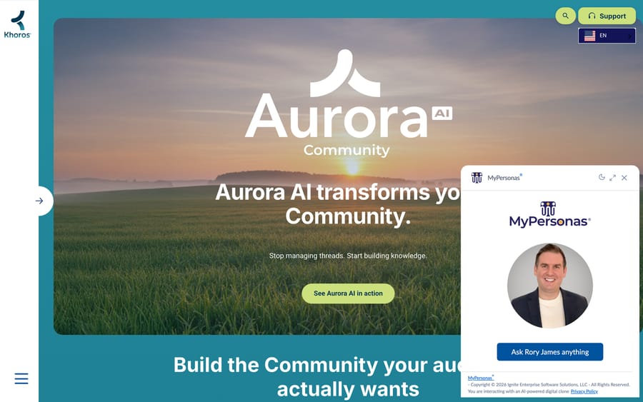 Khoros's Aurora AI page: "Aurora AI transforms your Community," positioned as a rebuild of the older Khoros Classic platform.