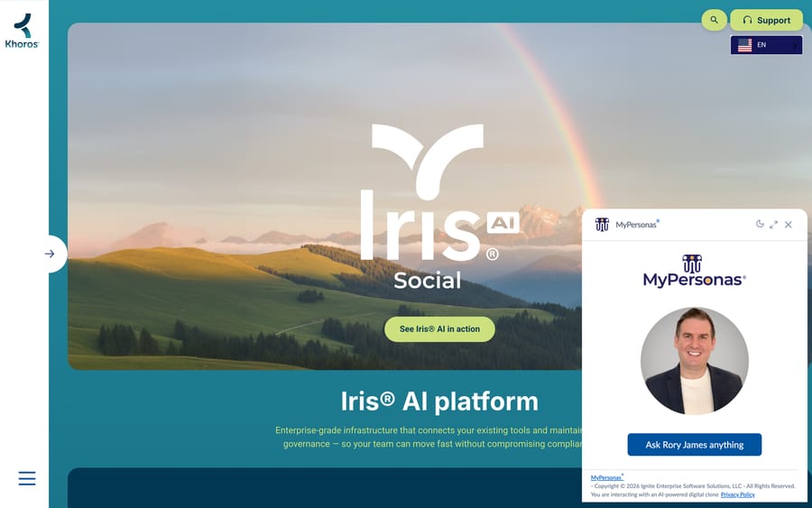 Khoros's Iris AI platform page, describing enterprise-grade infrastructure for social listening and publishing.