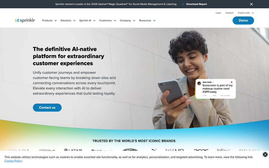 Sprinklr's homepage: "The definitive AI-native platform for extraordinary customer experiences," a direct Khoros competitor.