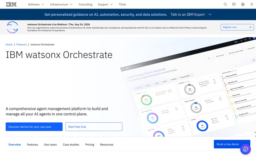 IBM's watsonx Orchestrate product page, describing it as an agent management platform.