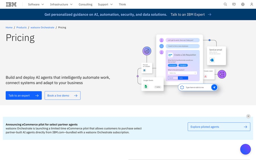 A workflow mockup showing an AI agent handling a hiring request across LinkedIn and Outlook.