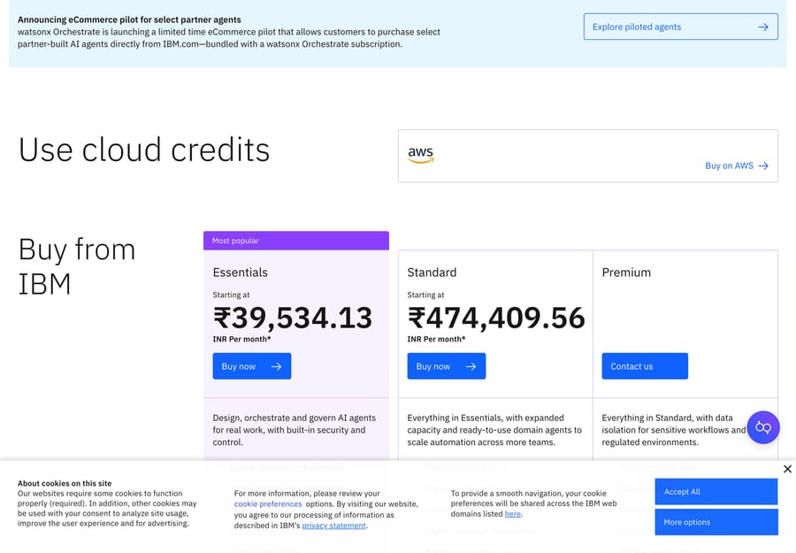 IBM's pricing page showing Essentials and Standard plans priced in Indian rupees, plus AWS credits.