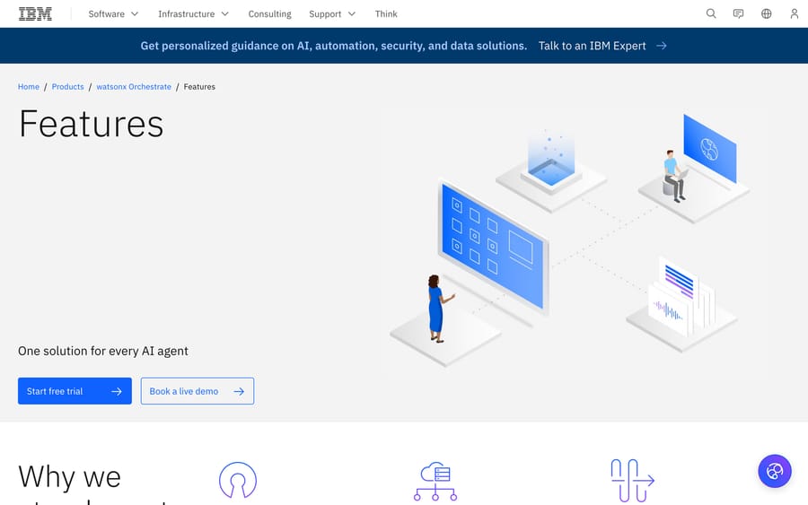 IBM's watsonx Orchestrate features page, pitched as "One solution for every AI agent."
