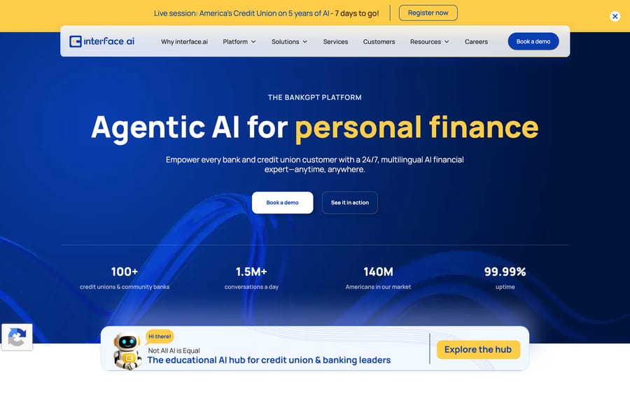 interface.ai's homepage: "Agentic AI for personal finance," with 100+ credit union customers.