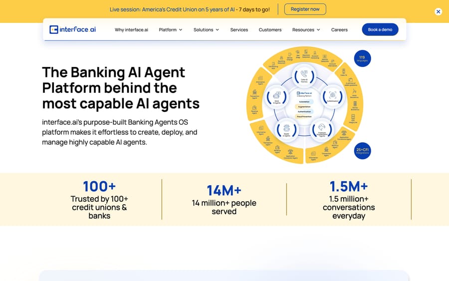 interface.ai's platform diagram: Voice, Digital, and Employee Augmentation Agents in one hub.