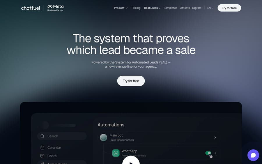 Chatfuel's homepage, a Meta Business Partner, describing itself as "the system that proves which lead became a sale."