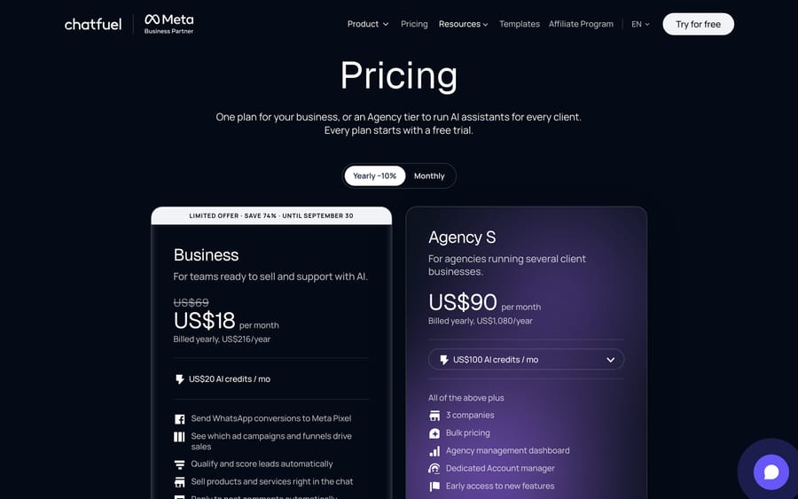 Chatfuel's pricing page on yearly billing — Business at US$18/month (from $69) and Agency S at US$90/month.