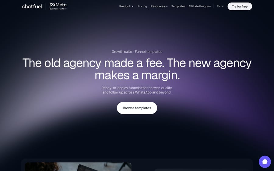 Chatfuel's Funnel Templates page, offering ready-to-deploy WhatsApp funnels for agencies.