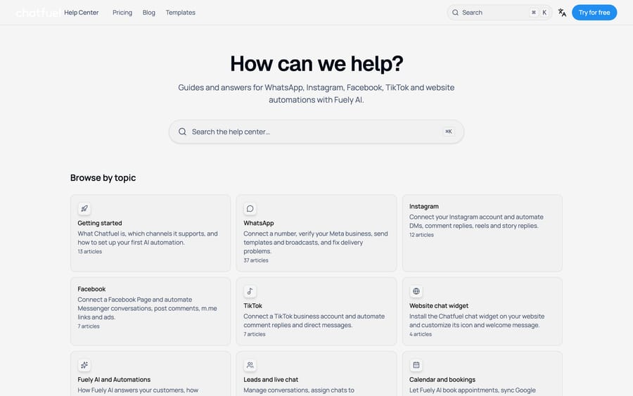 Chatfuel's Help Center, listing guides for WhatsApp, Instagram, Facebook, TikTok, and "Fuely AI and Automations."