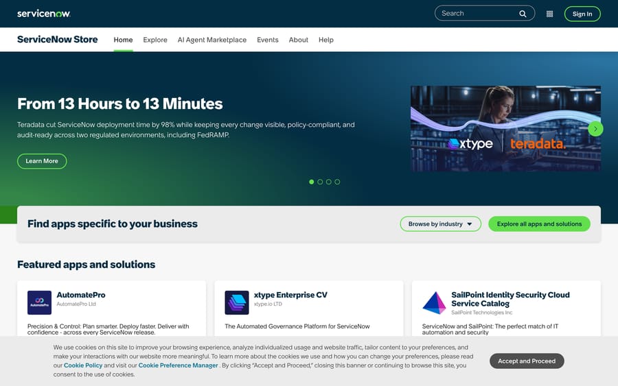 The ServiceNow Store homepage, with "AI Agent Marketplace" in the top navigation.