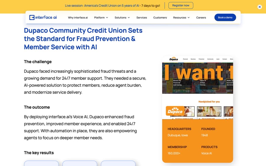 interface.ai's Dupaco Community Credit Union case study, on fraud prevention and service.