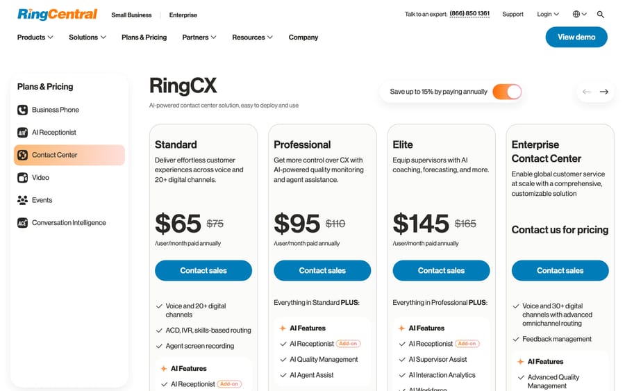 RingCX pricing: Standard $65, Professional $95, Elite $145, Enterprise custom, per user per month.