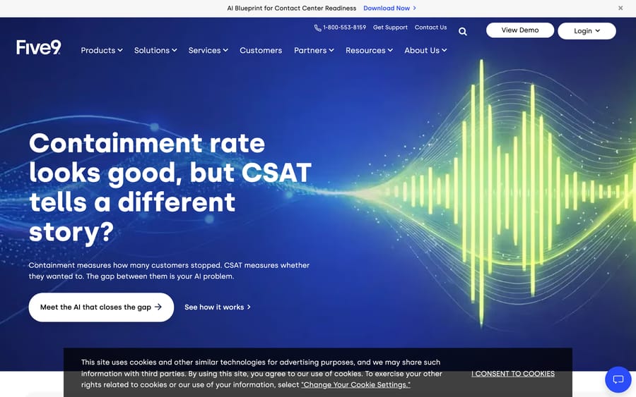 Five9's homepage, an AI-native contact center platform and a direct RingCX competitor.