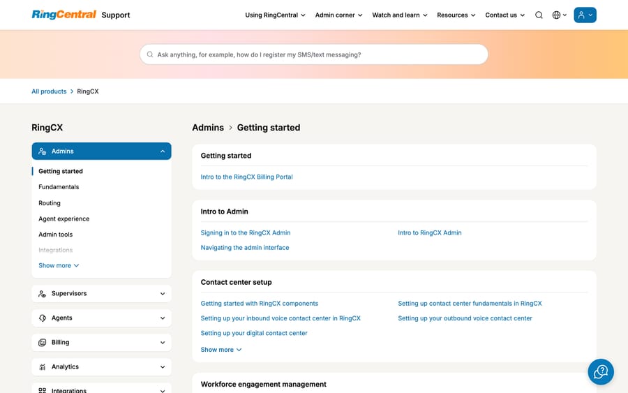 RingCentral's support portal for RingCX, showing admin, agent and supervisor documentation categories.