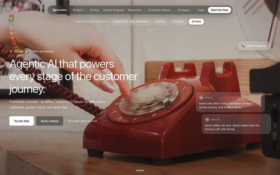 My AI Front Desk's homepage, now branded "Frontdesk AI," promoting an agentic AI customer platform for calls and chat.
